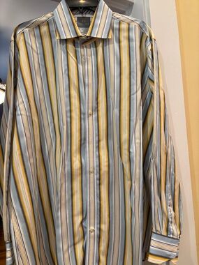 Thomas Dean Men's Yellow & Light Blue Striped Dress Shirt